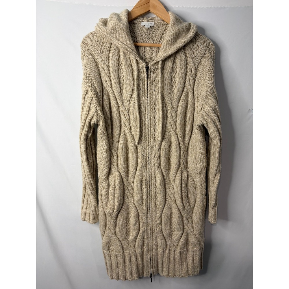 J Jill Cable Knit Hooded Cardigan Sweater Sz L Beige Wool Blend Fisherman Chunky